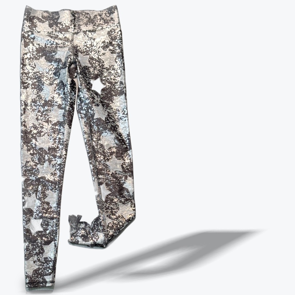 Terez Heather Gray Star Pattern Leggings Silver Metallic Athletic Pants XS